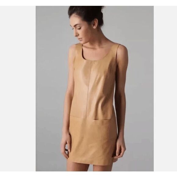 Vince Lamb Leather Shift Dress Tank Tan Front Pockets Light Size 10 READ - Picture 1 of 14